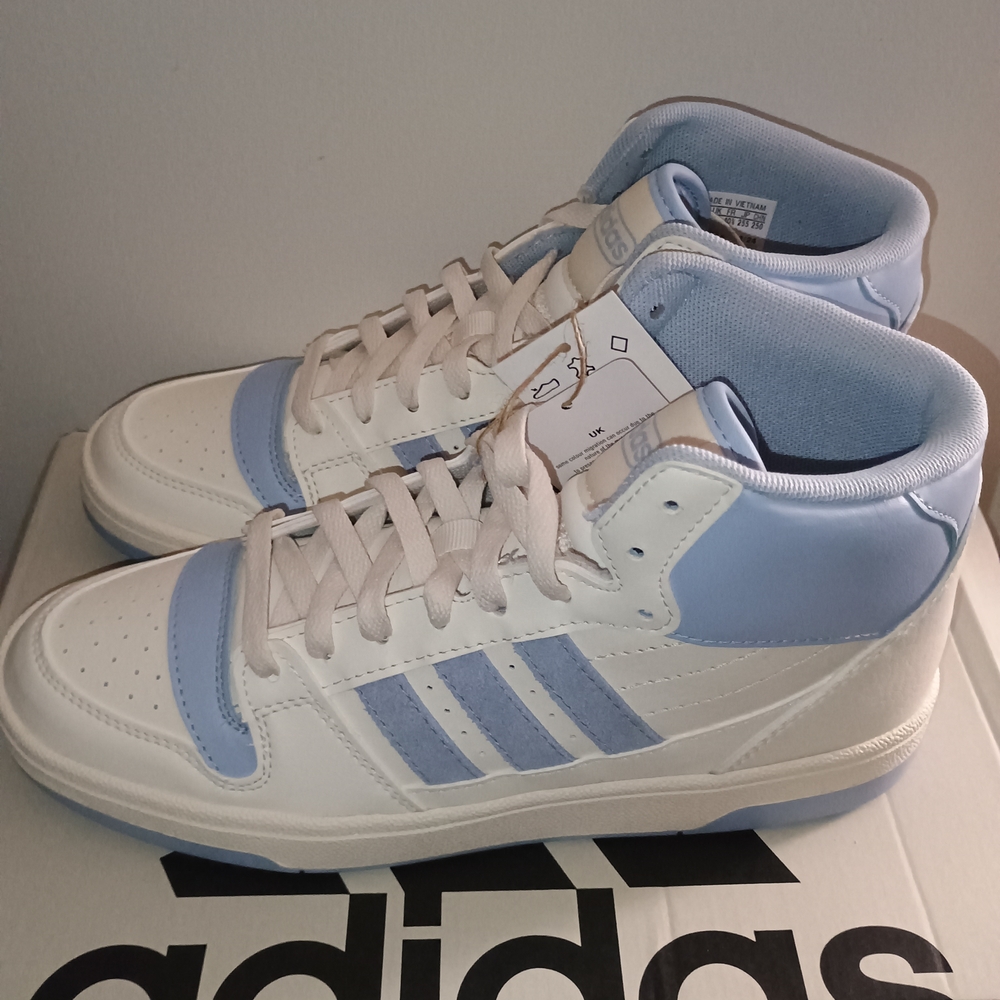 Adidas White and Light Blue High-Top Sneakers